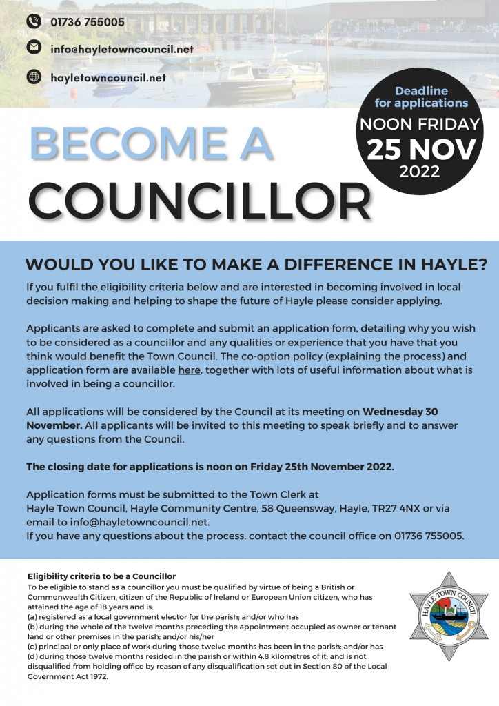 Become a Councillor Application Deadline | Hayle Town Council